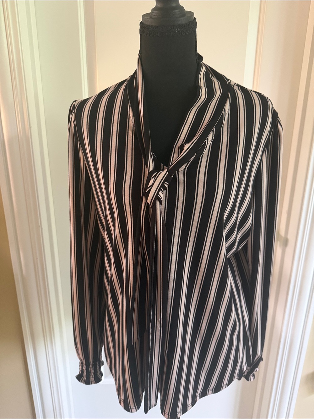 Classic Black and Cream Stripe Tie-Neck Women's Blouse